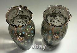 Moser Matched Pair of Smokey Topaz Japonesque Decorated Art Nouveau Vases