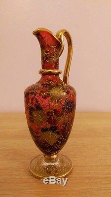Moser Ruby Red Glass Vase Ewer Label Enamel Insect Oak Leaves Grapes Bohemian