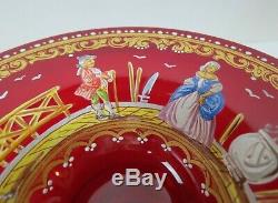 Moser Salviati Venetian Ruby Glass Hand Painted Enameled Figural Footed Bowl
