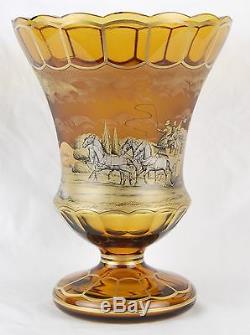 Moser Style Anton Kusak Hand Painted Crystal Vase Horse Drawn Coach Artist sgnd