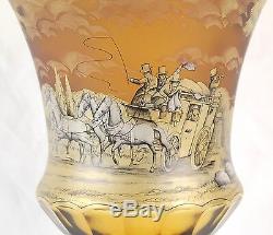 Moser Style Anton Kusak Hand Painted Crystal Vase Horse Drawn Coach Artist sgnd