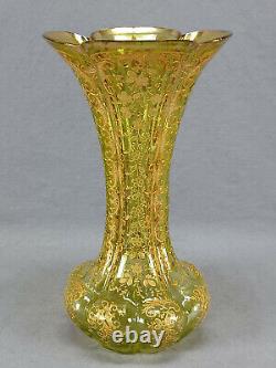 Moser Type Bohemian Raised Gold Floral Scrollwork Enamel Green Lobed Glass Vase