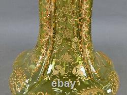 Moser Type Bohemian Raised Gold Floral Scrollwork Enamel Green Lobed Glass Vase