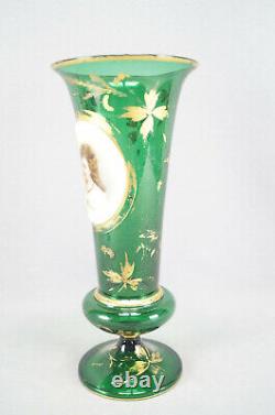 Moser Type Hand Painted Opaline Lady Portrait Green & Gilt Glass Vase Circa 1870