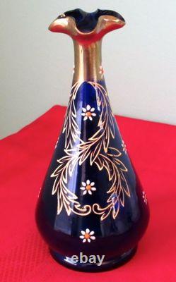 Moser Vase Antique 19th Century Bohemian Cobalt Blue Hand Painted Glass Moser Vase Antique 19th Century Bohemian Cobalt Blue Hand Painted Glass
