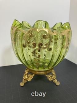 Moser Victorian Footed Green With Gold Scrolling Rose Bowl Excellent Condition