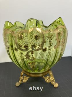 Moser Victorian Footed Green With Gold Scrolling Rose Bowl Excellent Condition