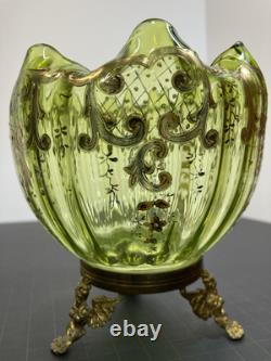 Moser Victorian Footed Green With Gold Scrolling Rose Bowl Excellent Condition