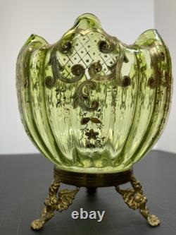 Moser Victorian Footed Green With Gold Scrolling Rose Bowl Excellent Condition