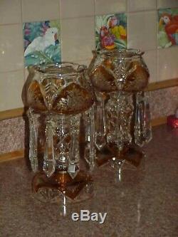 Moser design Bohemian Czech Amber Cut to Clear Flower Glass Mantle Lusters 11