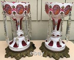 Moser style Czech Bohemian Antique Cranberry Luster glass Mantle Lamps