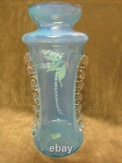 Most Vivid Blue Opalescent Victorian Wing Handle Vase Hand Painted Lily Valley