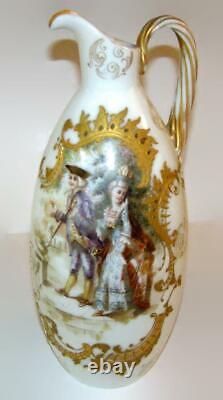 Mt Washington Colonial Ware Art Glass Ewer Vase with Colonial Couple Rope Handle