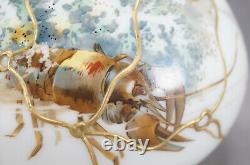 Mt Washington Colonial Ware Hand Painted Fish Lobster & Raised Gold Glass Vase