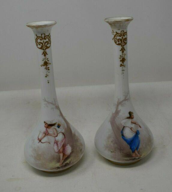 Mt Washington Glass Colonial Ware Pair Vases Hand Painted Artist Signed