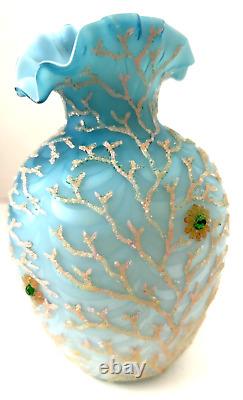 Mt. Washington Satin Coralene Seaweed Hand Blown Art Glass Vase Aquamarine Blue