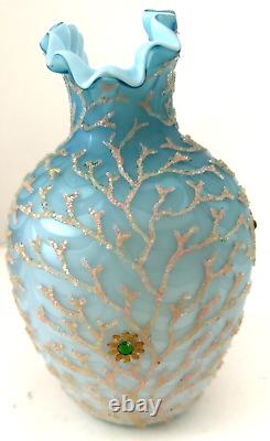 Mt. Washington Satin Coralene Seaweed Hand Blown Art Glass Vase Aquamarine Blue