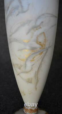 Mt Washington Signed Colonial Ware Opal Glass Flying Snow Geese Pedestal Vase