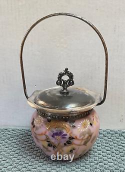 Mt Washington Victorian Pink Satin BISCUIT JAR Hand Painted Flowers Glass VTG