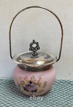 Mt Washington Victorian Pink Satin BISCUIT JAR Hand Painted Flowers Glass VTG