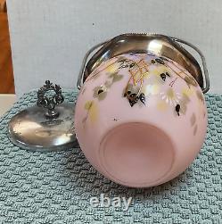 Mt Washington Victorian Pink Satin BISCUIT JAR Hand Painted Flowers Glass VTG