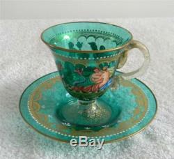 Murano Venetian art glass cup and saucer victorian scenes and gold