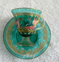 Murano Venetian art glass cup and saucer victorian scenes and gold