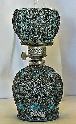 Nailsea Victorian Blue Art Glass Miniature Oil Lamp Upturned Shade V Rare & MINT