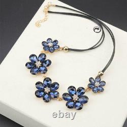 Navy Crystal Flowers Retro Chucky Statement Necklace, Swarovski Element