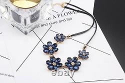 Navy Crystal Flowers Retro Chucky Statement Necklace, Swarovski Element