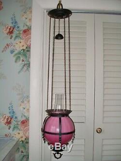 Near MINT c. 1885 Victorian Japanned & Pink Art Glass Hanging Lamp, NEVER USED