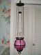 Near Mint C. 1885 Victorian Japanned & Pink Art Glass Hanging Lamp, Never Used