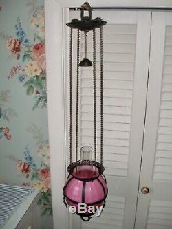 Near MINT c. 1885 Victorian Japanned & Pink Art Glass Hanging Lamp, NEVER USED