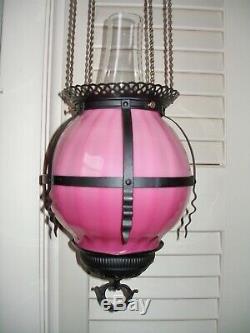 Near MINT c. 1885 Victorian Japanned & Pink Art Glass Hanging Lamp, NEVER USED