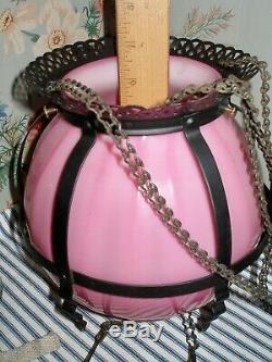 Near MINT c. 1885 Victorian Japanned & Pink Art Glass Hanging Lamp, NEVER USED