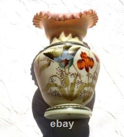 Nouveau, Custard, Bristol Glass Vase With hand painted Flowers Black light glow