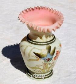 Nouveau, Custard, Bristol Glass Vase With hand painted Flowers Black light glow