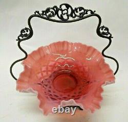 OLD Antique PEACH OVERLAY ART GLASS BRIDE'S BASKET MONARCH Silver Plate FRAME