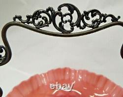 OLD Antique PEACH OVERLAY ART GLASS BRIDE'S BASKET MONARCH Silver Plate FRAME