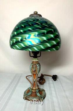 ORIGINAL VICTORIAN POLY CHROME BOUDOIR BASE w HANDEL STYLE ART GLASS SHADE, NICE