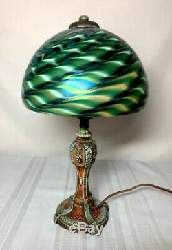 ORIGINAL VICTORIAN POLY CHROME BOUDOIR BASE w HANDEL STYLE ART GLASS SHADE, NICE