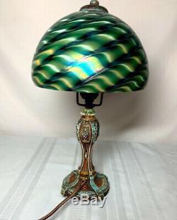 ORIGINAL VICTORIAN POLY CHROME BOUDOIR BASE w HANDEL STYLE ART GLASS SHADE, NICE