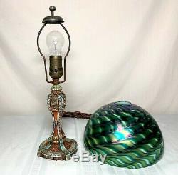 ORIGINAL VICTORIAN POLY CHROME BOUDOIR BASE w HANDEL STYLE ART GLASS SHADE, NICE