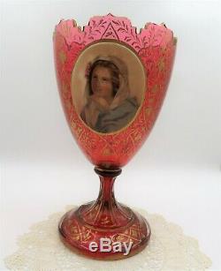 OUTSTANDING 19thC BOHEMIAN GILT CRANBERRY MOSER GLASS PORTRAIT VASE 10 1/2