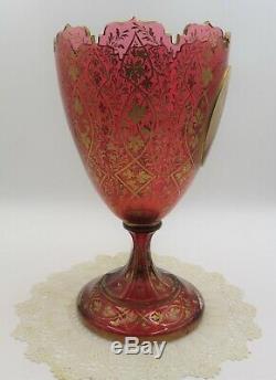 OUTSTANDING 19thC BOHEMIAN GILT CRANBERRY MOSER GLASS PORTRAIT VASE 10 1/2