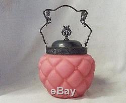 Old Antique CONSOLIDATED GLASS BISCUIT CRACKER JAR Quilted SATIN Pink
