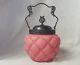 Old Antique Consolidated Glass Biscuit Cracker Jar Quilted Satin Pink