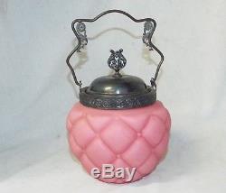 Old Antique CONSOLIDATED GLASS BISCUIT CRACKER JAR Quilted SATIN Pink