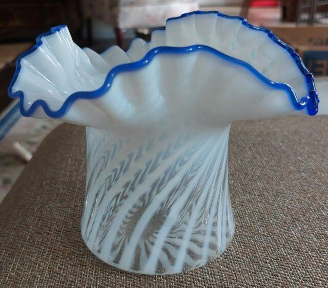 Old Fenton Large Opalescent Optic Swirl Sapphire Crest Hat Vase