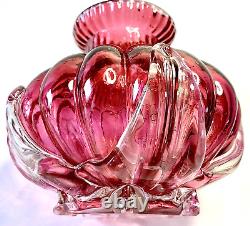 Old Stevens & Williams Art Cranberry Optical Applied Clear Handblown Glass Vase